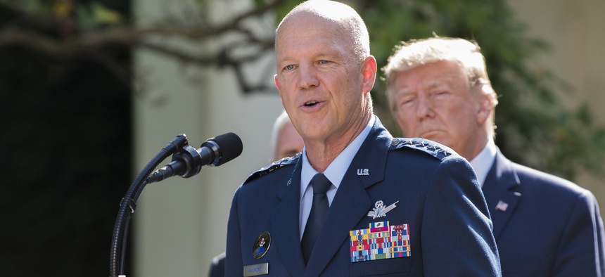 Air Force Gen. John Raymond, speaks at a White House ceremony for the establishment of U.S. Space Command on Aug. 29, 2019.