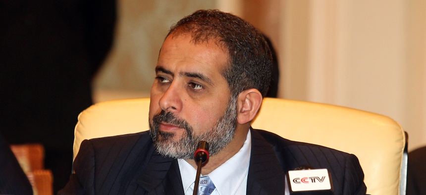 Aref Nayed, then the Libyan ambassador to the UAE, attends the Contact Group Meeting on Libya in the Qatari capital Doha on Wednesday Aug 24, 2011.