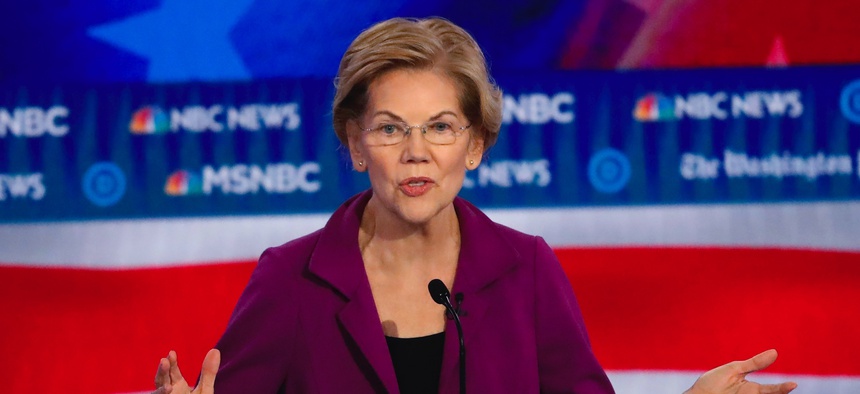 Democratic presidential candidate Sen. Elizabeth Warren, D-Mass., speaks during a Democratic presidential primary debate, Wednesday, Nov. 20, 2019, in Atlanta.