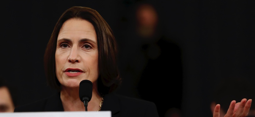 Former White House national security aide Fiona Hill, testifies before the House Intelligence Committee on Capitol Hill in Washington, Thursday, Nov. 21, 2019.