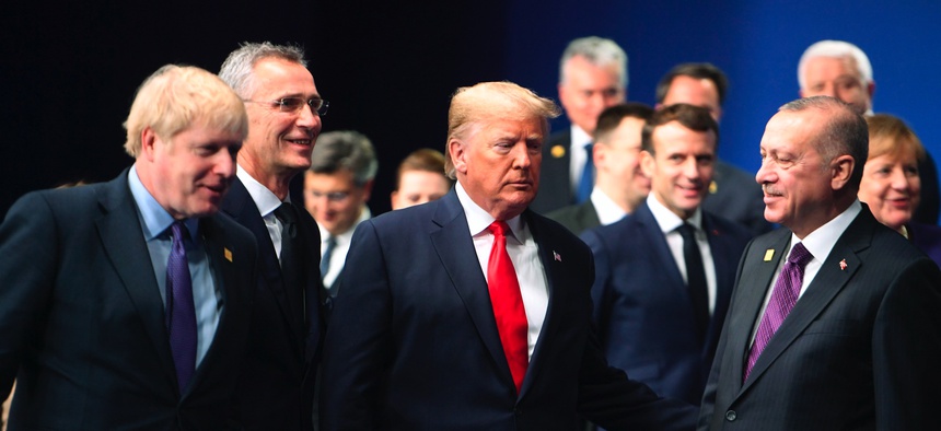 Britain's Prime Minister Boris Johnson, NATO Secretary General Jens Stoltenberg, U.S. President Donald Trump, French President Macron, and Turkey President Recep Tayyip Erdogan, at a NATO leaders meeting in Watford, England, Wednesday, Dec. 4, 2019.