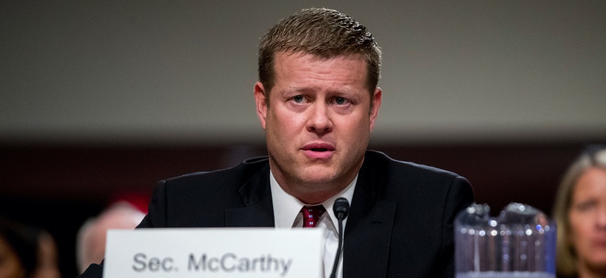 Ryan McCarthy, the nominee to the Secretary of the Army, speaks during his Senate Armed Services Committee confirmation hearing, Thursday, Sept. 12, 2019, in Washington.