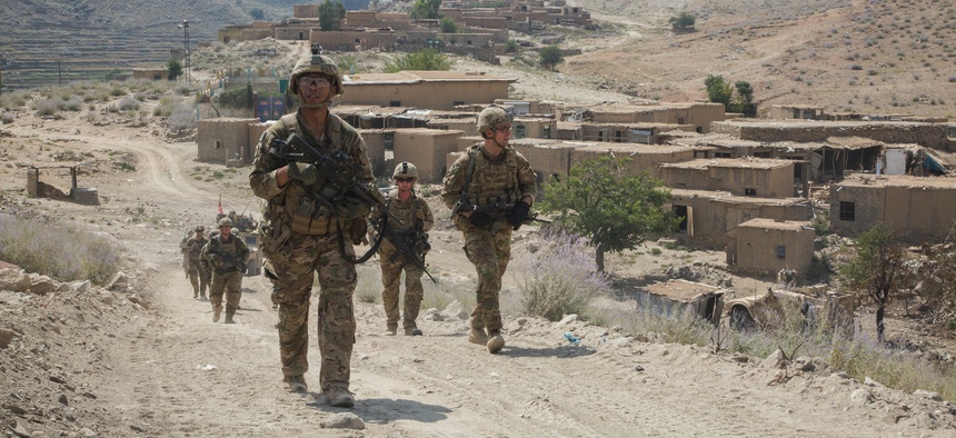 U.S. Army Paratroopers, assigned to 2nd Battalion, 501st Parachute Infantry Regiment, 1st Brigade Combat Team, 82nd Airborne Division, conduct a tactical ground movement through Pekha Valley, Achin District, Nangahar Province, Afghanistan, Sept. 3, 2017.