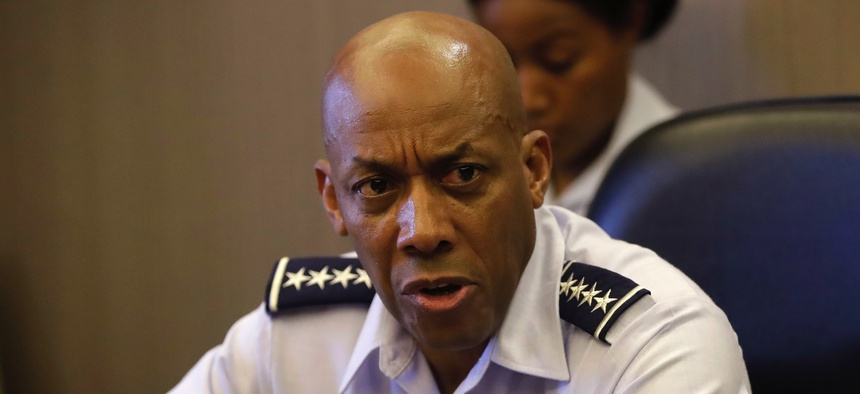 In this May 16, 2019, photo, Gen. Charles Q. Brown, Jr., commander of the U.S. Pacific Air Force talks to a select group of journalists during the course of his visit to the Philippines in suburban Pasay city south of Manila, Philippines.