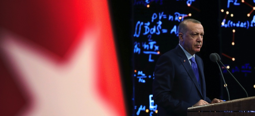 Turkey's President Recep Tayyip Erdogan delivers a speech at an event in Ankara, Turkey, Monday, Dec. 30, 2019.