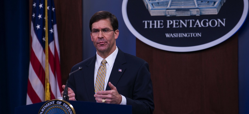Defense Secretary Dr. Mark T. Esper speaks to reporters at the Pentagon, Jan. 7, 2020.Defense Secretary Dr. Mark T. Esper speaks to reporters at the Pentagon, Jan. 7, 2020.