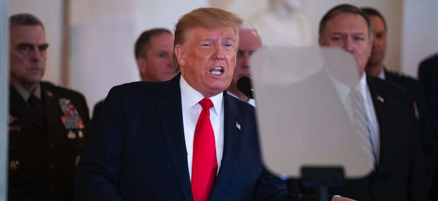 President Donald Trump addresses the nation from the White House on the ballistic missile strike that Iran launched against Iraqi air bases housing U.S. troops, Wednesday, Jan. 8, 2020