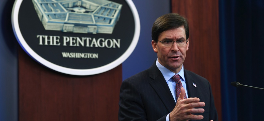 Defense Secretary Mark Esper speaks during a news conference at the Pentagon in Washington, Friday, Dec. 20, 2019.
