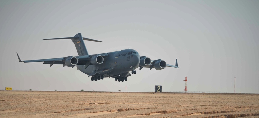 The first C-17 Globemaster III arirrves at Prince Sultan Air Base during the initial bed down of Airmen, Kingdom of Saudi Arabia, June 24, 2019.