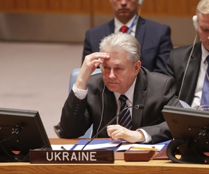 Ukraine's U.N. Ambassador Volodymyr Yelchenko views a video monitor as he listens to U.N. humanitarian chief Stephen O'Brien report to the Security Council in a live broadcast on the bombing of a hospital in Syria, Thursday April 28, 2016 at U.N. HQ. Ukraine's U.N. Ambassador Volodymyr Yelchenko views a video monitor as he listens to U.N. humanitarian chief Stephen O'Brien report to the Security Council in a live broadcast on the bombing of a hospital in Syria, Thursday April 28, 2016 at U.N. HQ.