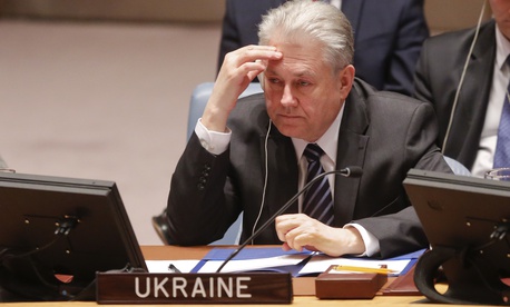 Ukraine's U.N. Ambassador Volodymyr Yelchenko views a video monitor as he listens to U.N. humanitarian chief Stephen O'Brien report to the Security Council in a live broadcast on the bombing of a hospital in Syria, Thursday April 28, 2016 at U.N. HQ. Ukraine's U.N. Ambassador Volodymyr Yelchenko views a video monitor as he listens to U.N. humanitarian chief Stephen O'Brien report to the Security Council in a live broadcast on the bombing of a hospital in Syria, Thursday April 28, 2016 at U.N. HQ.