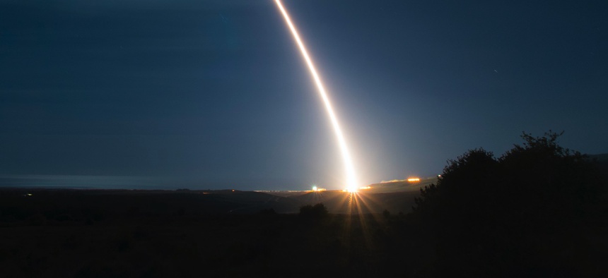 An unarmed Minuteman III intercontinental ballistic missile — one type of weapon constrained by New START — launches during a developmental test at Vandenberg Air Force Base, Calif., Feb. 5, 2020.