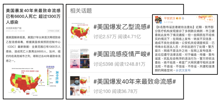Screen captures: Wuhan Public Security Weibo account details their investigation; "Flu in the U.S." story on Weibo; CCTV13 News: "Most Deadly Flu in the USA in 40 Years."