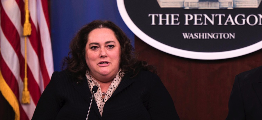 Elaine McCusker, acting undersecretary of defense (comptroller) briefs reporters on the president's fiscal 2021 defense budget request at the Pentagon, Feb. 10, 2020.