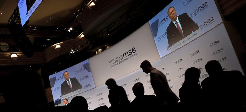 Secretary of State Mike Pompeo speaks on the podium during the 56th Munich Security Conference (MSC) in Munich, southern Germany Saturday, Feb. 15, 2020.