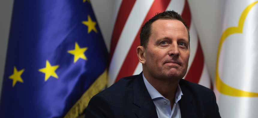 U.S. ambassador to Germany Richard Grenell meets with Isa Mustafa leader of LDK in Kosovo's capital Pristina on Thursday, Jan. 23, 2020.