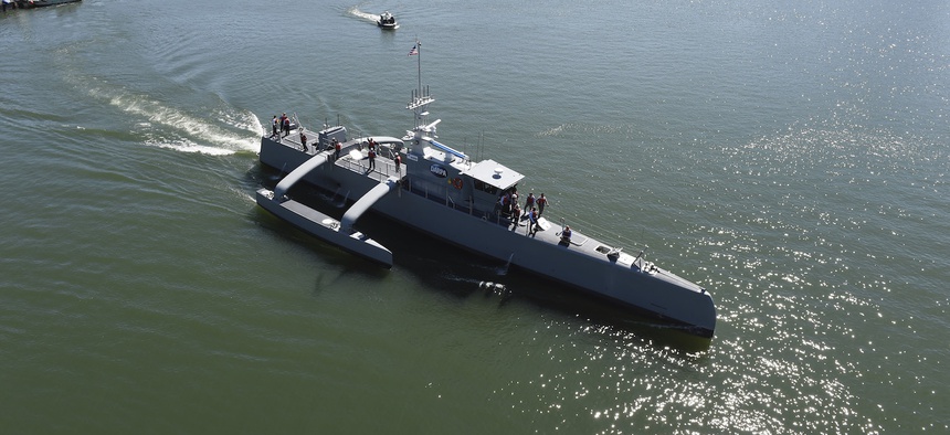 Sea Hunter, a class of unmanned ocean-going vessel gets underway on the Willamette River following a christening ceremony in Portland, Ore., April 7, 2016