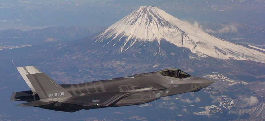 A Japan Air Self-Defense Force F-35A flies past Mt. Fuji on its way to Misawa Air Base. The aircraft, known as AX-6, was the second F-35A built in Japan at the Mitsubishi Heavy Industries (MHI) F-35 Final Assembly and Check Out (FACO) facility in Nagoya.