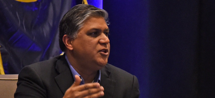 Nand Mulchandani, chief technology officer, Joint Artificial Intelligence Center, speaks Dec. 12, 2019, at the AFCEA NOVA-sponsored 18th Annual Air Force Information Technology Day in Washington
