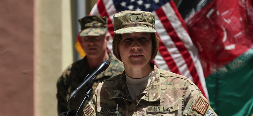 U.S. Navy Rear Adm. Kelly Aeschbach describes details of America’s military success in the Battle of Midway during a memorial ceremony in Kabul, June 5, 2017.