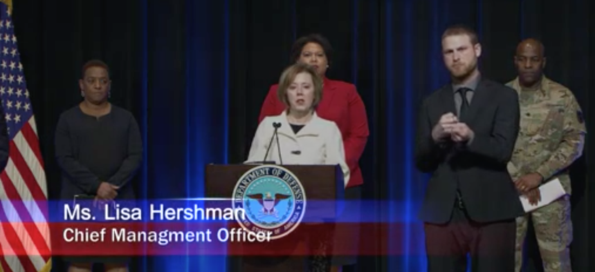 Screen capture of Defense Department virtual town hall regarding coronavirus March 16.