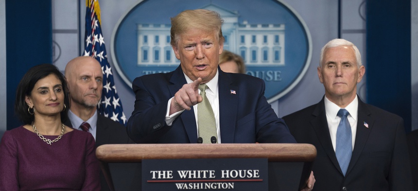 President Donald Trump speaks during a press briefing with the coronavirus task force, at the White House, Tuesday, March 17, 2020, in Washington.