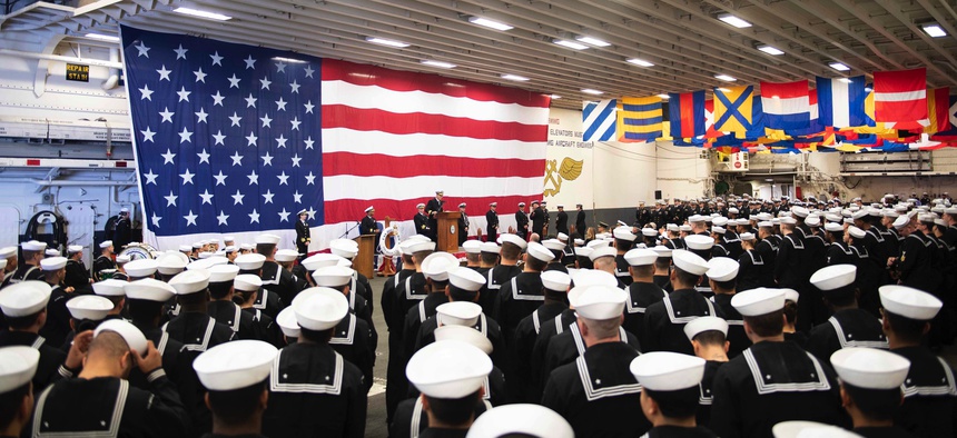 On Feb. 11, 2020, the crew of the USS Boxer gathered in the hangar bay during Boxer’s 25th anniversary celebration. Boxer was commissioned on Feb. 11, 1995 in Pascagoula, Miss.