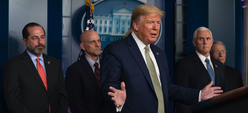 President Donald Trump speaks during a press briefing with the coronavirus task force, at the White House, Tuesday, March 17, 2020, in Washington.