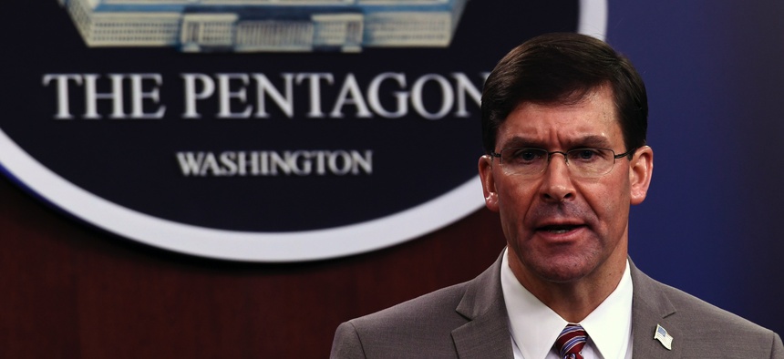 Defense Secretary Mark Esper speaks during a briefing at the Pentagon in Washington, Monday, March 2, 2020.