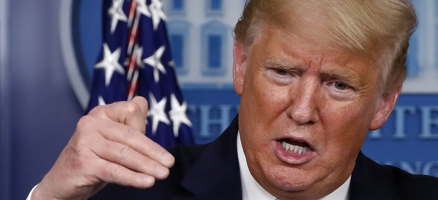 President Donald Trump speaks about the coronavirus in the James Brady Briefing Room, Monday, March 23, 2020, in Washington.