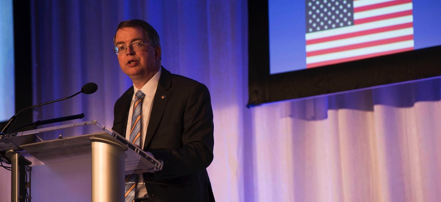 Deputy Defense Secretary David L. Norquist speaks at the NATO-Industry Forum in Washington, D.C., Nov. 14, 2019.