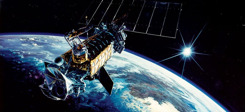 An illustration of a US military satellite, DMSP Block-5D2.