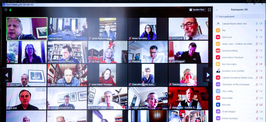 A screen grab shared by British Prime Minister Boris Johnson of a cabinet meeting held over the Zoom app