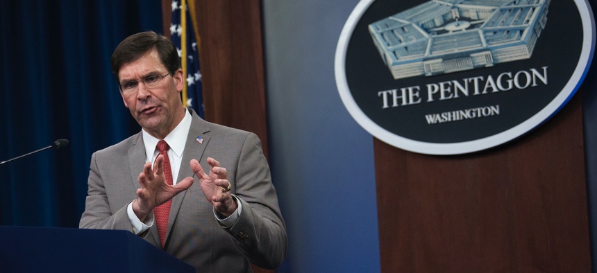 Defense Secretary Dr. Mark T. Esper briefs the media about the department's COVID-19 response, the Pentagon, Washington, D.C., March 17, 2020.