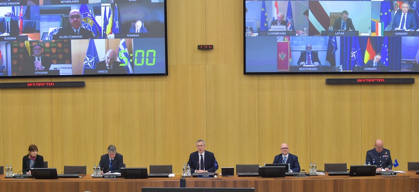 Because of the coronavirus pandemic, for the first time NATO foreign ministers met by video conference and practiced social distancing for their meeting, Apr. 2, 2020.