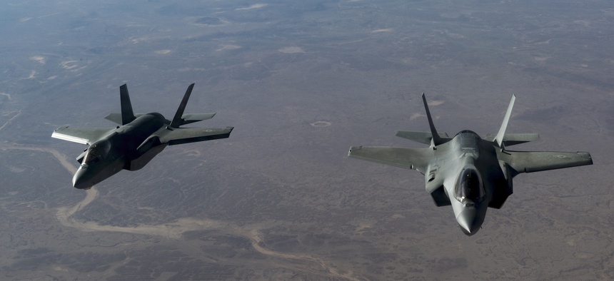 Two U.S. Air Force F-35 Lightning II aircraft, assigned to the 34th Expeditionary Fighter Squadron, fly in formation over the U.S. Central Command area of responsibility, Jan. 07, 2020.