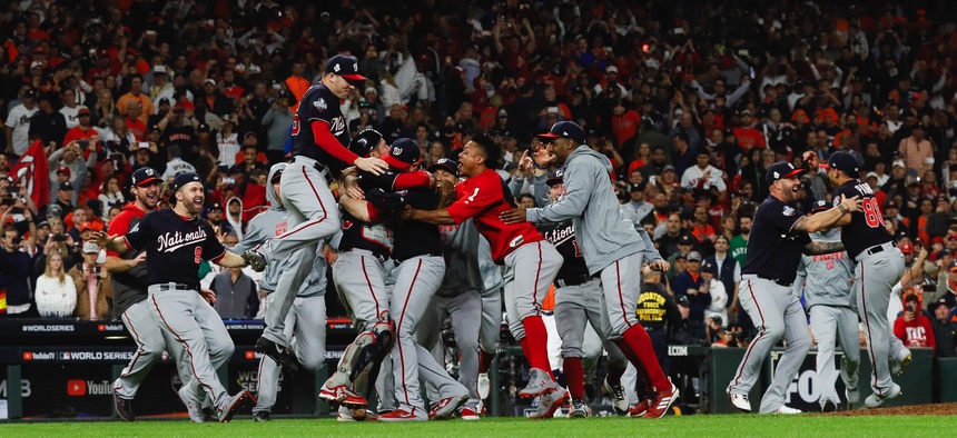 The Washington Nationals celebrate after Game 7 of the baseball World Series against the Houston Astros Wednesday, Oct. 30, 2019, in Houston. The Nationals won 6-2 to win the series.