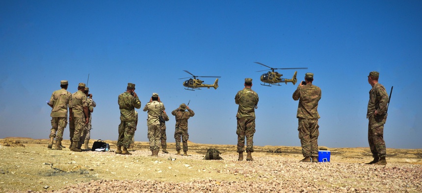 Two Egyptian Aérospatiale Gazelle helicopters participate in a combined arms live fire exercise during Bright Star 2017, Sept. 20, 2017, at Mohamed Naguib Military Base, Egypt.