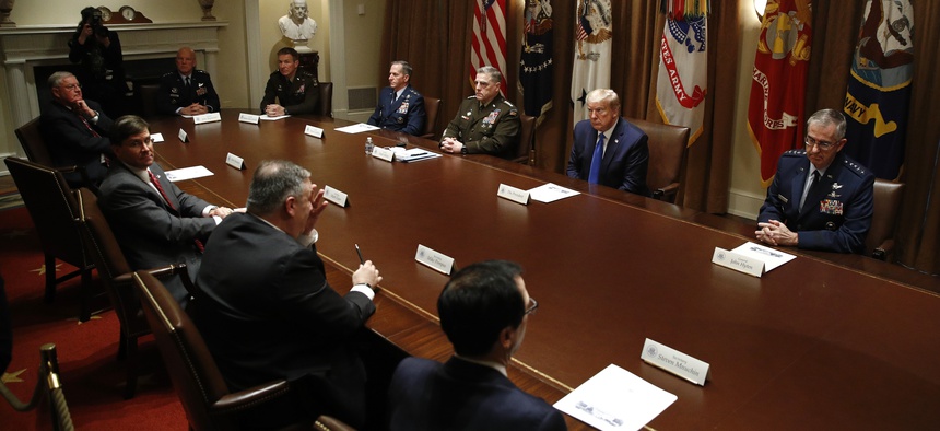 President Donald Trump meets with senior military leaders and members of his national security team in the Cabinet Room of the White House, Saturday, May 9, 2020