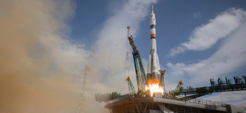 A Soyuz rocket carrying a new crew to the International Space Station blasts off in Kazakhstan on April 9, 2020..