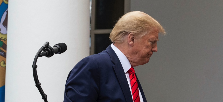 President Donald Trump departs after speaking about the coronavirus during a press briefing in the Rose Garden of the White House, Monday, May 11, 2020, in Washington.