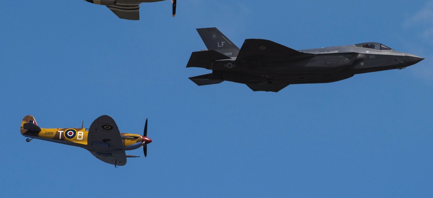 A U.S. Air Force F-35 Lightning II, P-51D Mustang and VS Spitfire perform a heritage flight during the 2018 Royal International Air Tattoo at RAF Fairford, England, July 14, 2018.