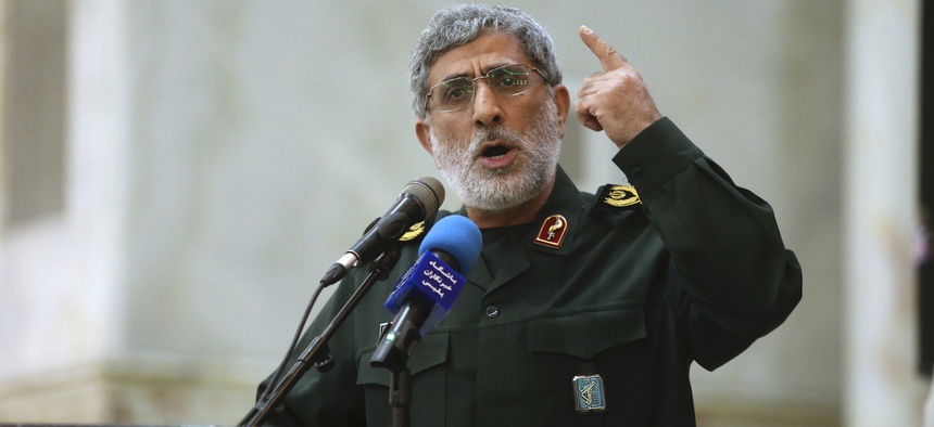 In this May 24, 2017 file photo, Gen. Esmail Ghaani speaks in a meeting at the shrine of the late revolutionary founder Ayatollah Khomeini just outside Tehran, Iran.