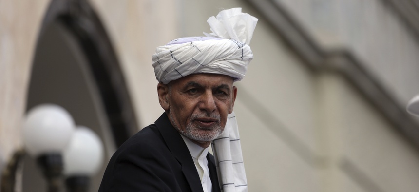 Afghan President Ashraf Ghani speaks after he was sworn in at an inauguration ceremony at the presidential palace in Kabul, Afghanistan, Monday, March 9, 2020.