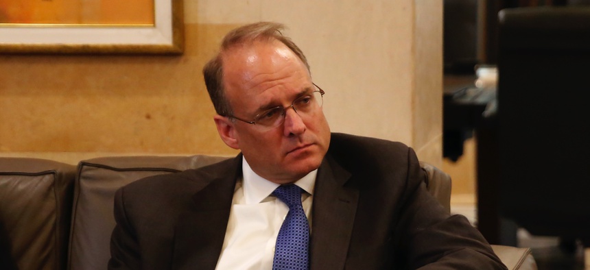 Then-Assistant Treasury Secretary for Terrorist Financing, Marshall Billingslea, left, listens to Lebanese Prime Minister Saad Hariri,during their meeting in Beirut, Lebanon, Monday, Sept. 23, 2019.