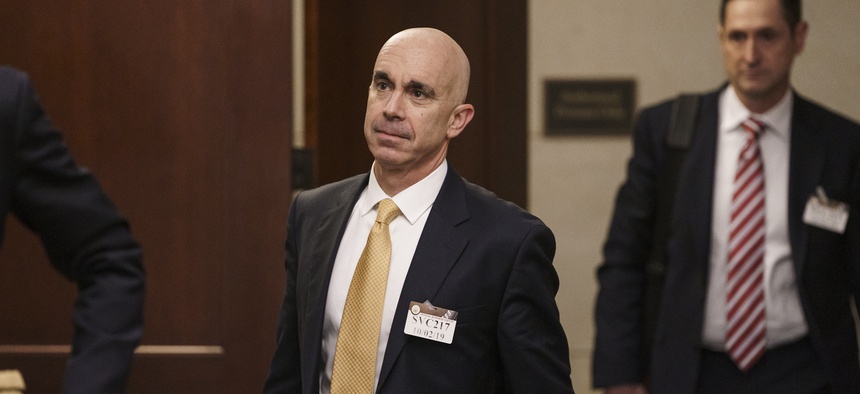 State Department Inspector General Steve Linick leaves a meeting in a secure area at the Capitol where he met with Senate staff about the State Department and Ukraine, in Washington, Wednesday, Oct. 2, 2019.