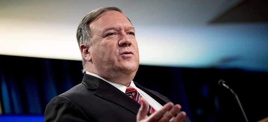 In this April 29, 2020, file photo Secretary of State Mike Pompeo speaks at a news conference at the State Department in Washington.