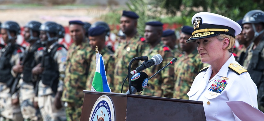 U.S. Navy Rear Adm. Heidi Berg, director, intelligence and knowledge development directorate, U.S. Africa Command, gives remarks during the opening ceremony for exercise Cutlass Express 2019 in Djibouti on Jan. 28, 2019..