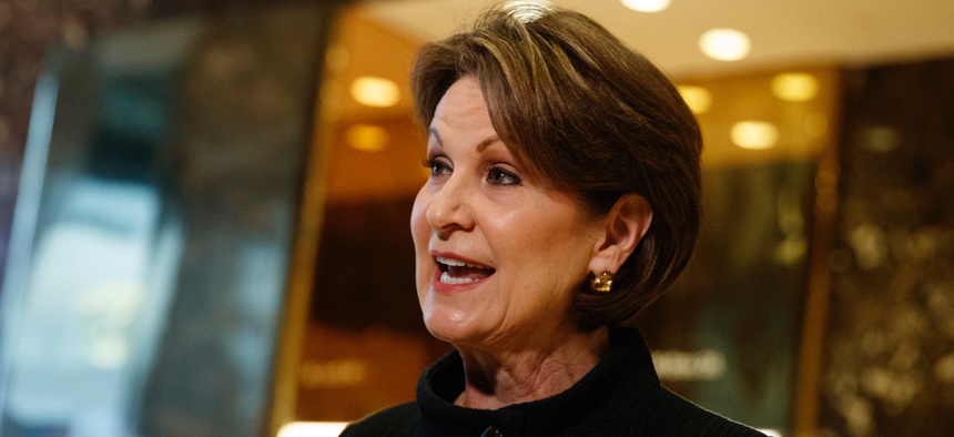 Lockheed Martin CEO Marillyn Hewson talks to reporters in January 2017.