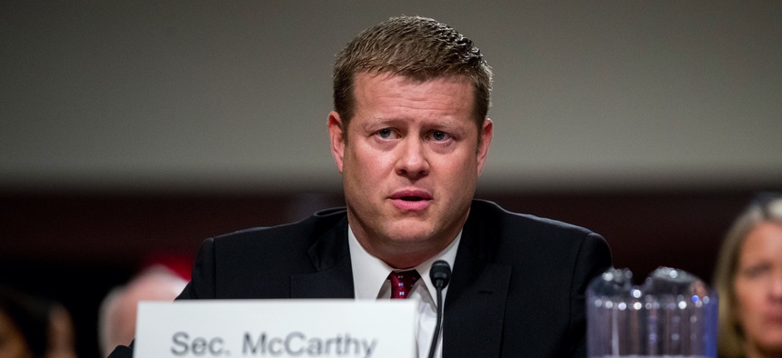 Ryan McCarthy, the nominee to the Secretary of the Army, speaks during his Senate Armed Services Committee confirmation hearing, Thursday, Sept. 12, 2019, in Washington.